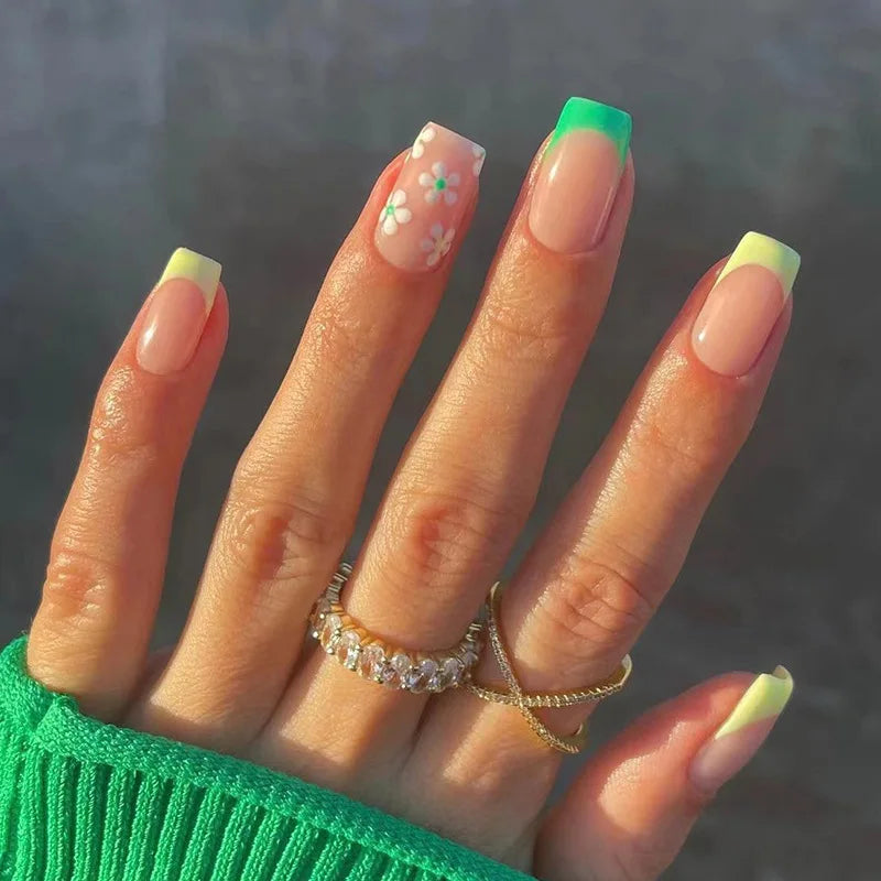 Simple White French Wearable Long Square Fake Nails Full Cover Detachable Finished False Nails Press on Nail with Glue Wholesale