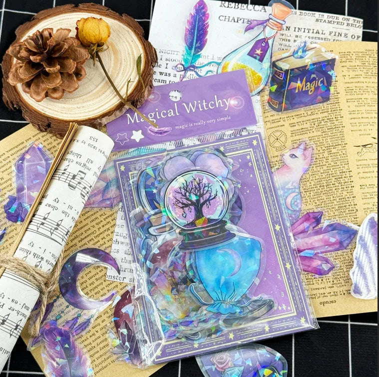 50Pcs Transparent PET Magic Witch Sparkling Film Sticker Pack Waterproof Transparent PET Hand Account Decor Guitar Notebook