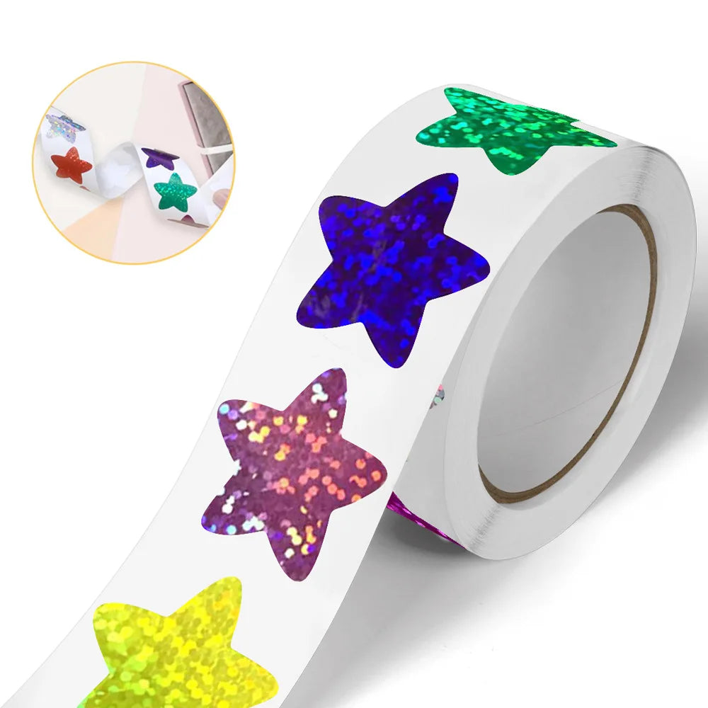 500/1000pcs Colorful Star Adhesive Holographic Star Stickers Zoo Farm Scrapbook Sticker Roll Labels  For Kids DIY Gift Toys