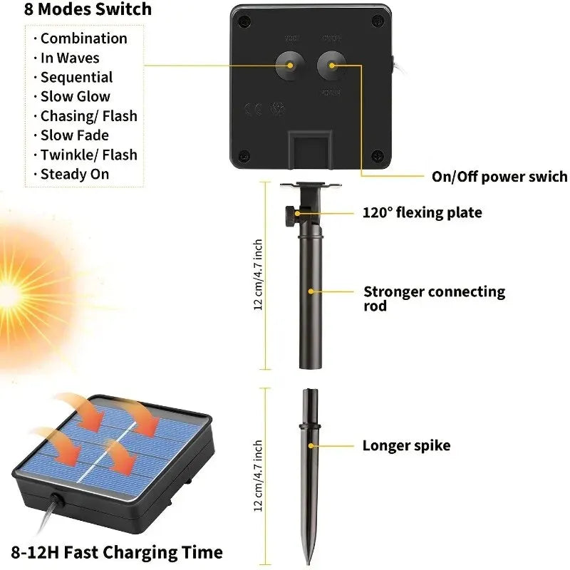 Solar Light String - 1 Set Outdoor Waterproof 8-Mode Copper Wire Fairy Lights for Garden & Christmas