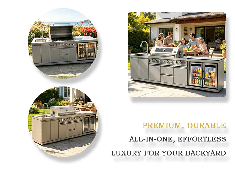 Stainless Steel Outdoor Kitchen With BBQ And Fridge With Grill Cooktop Sink Fridge Rolling Movable On Wheels For Backyard Patio