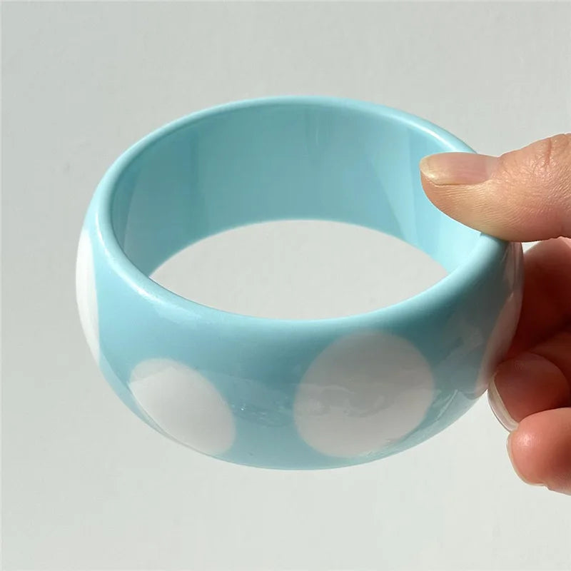 HangZhi Sweet Pink White Polka Dot Striped Geometric Round Resin Cuff Bracelet Y2K Bangle for Women Girls Minimalist Jewelry