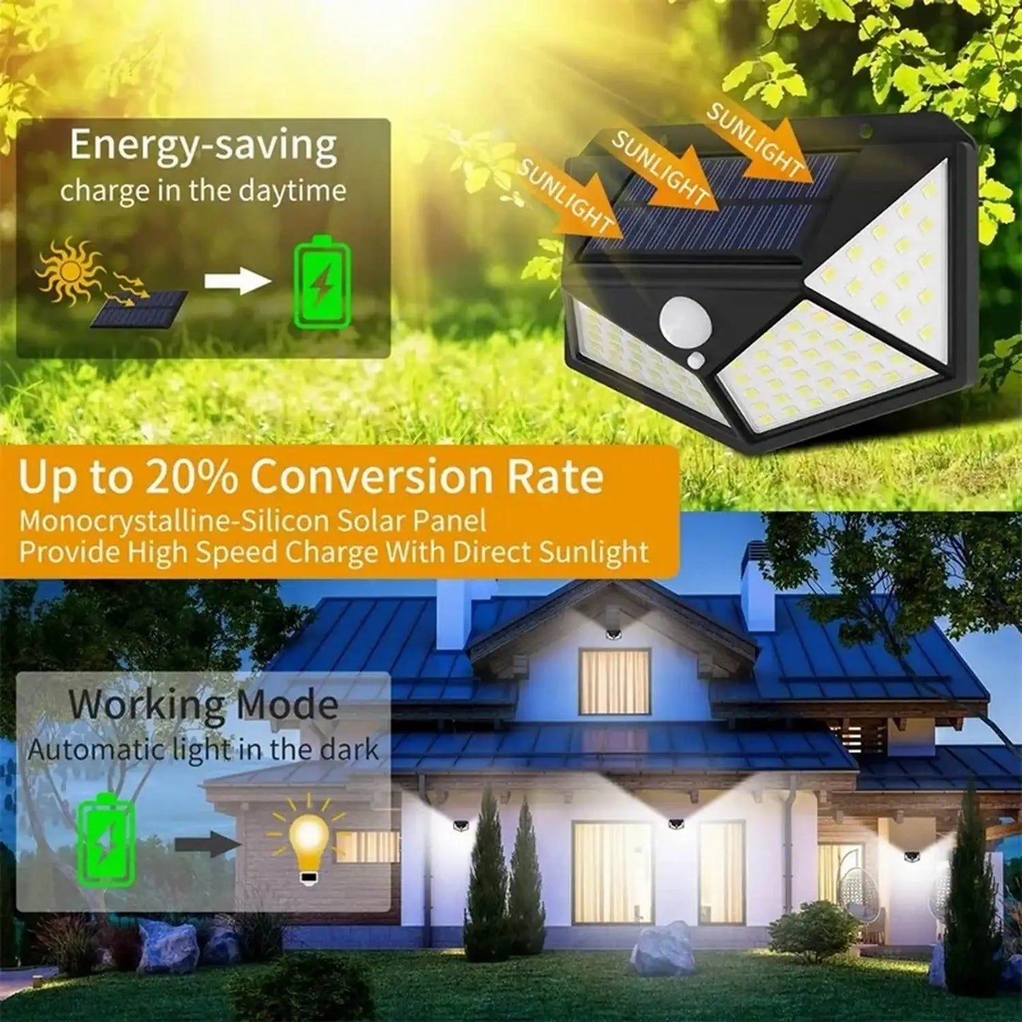 100 LED Outdoor Solar Lamp Outdoor Garden Decoration Solar LED Light Waterproof Sunlight Powered Spotlight with Motion Sensor