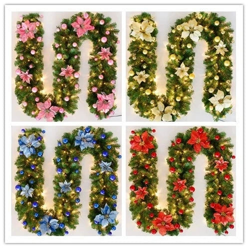 2.7m Luxury Christmas LED Cane Wreath Decoration With Lanterns Green Artificial Christmas Tree Banner Party New Year's door Wrea