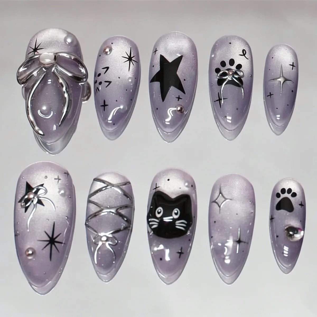 24PCS Medium Almond Press On Nails Wine Red Cute Cartoon Rabbit Bowknot Plaid Pearl False Nails Kawaii Nails Full Cover Wearable