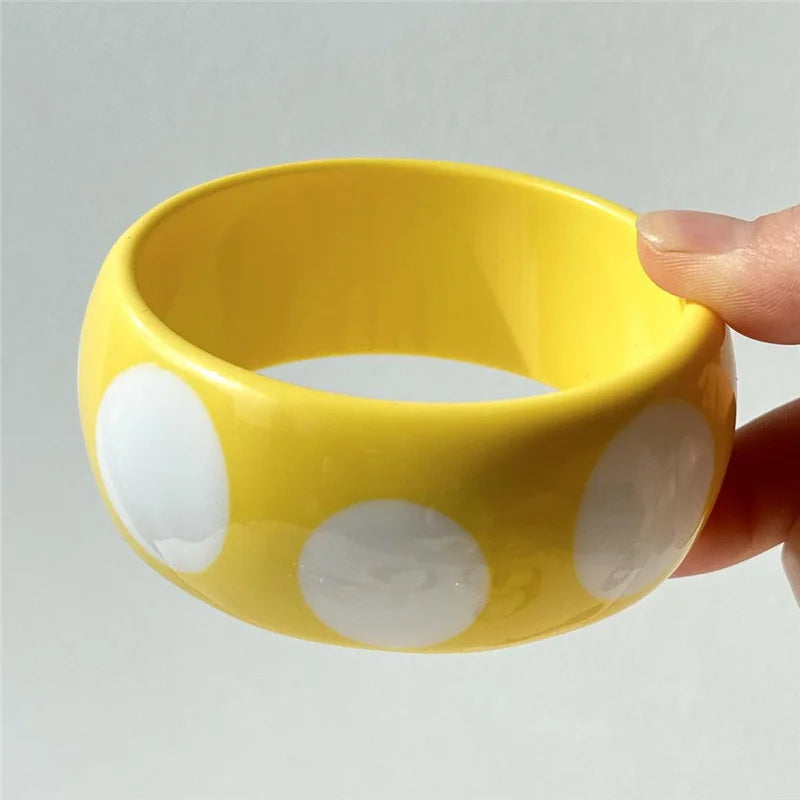 HangZhi Sweet Pink White Polka Dot Striped Geometric Round Resin Cuff Bracelet Y2K Bangle for Women Girls Minimalist Jewelry