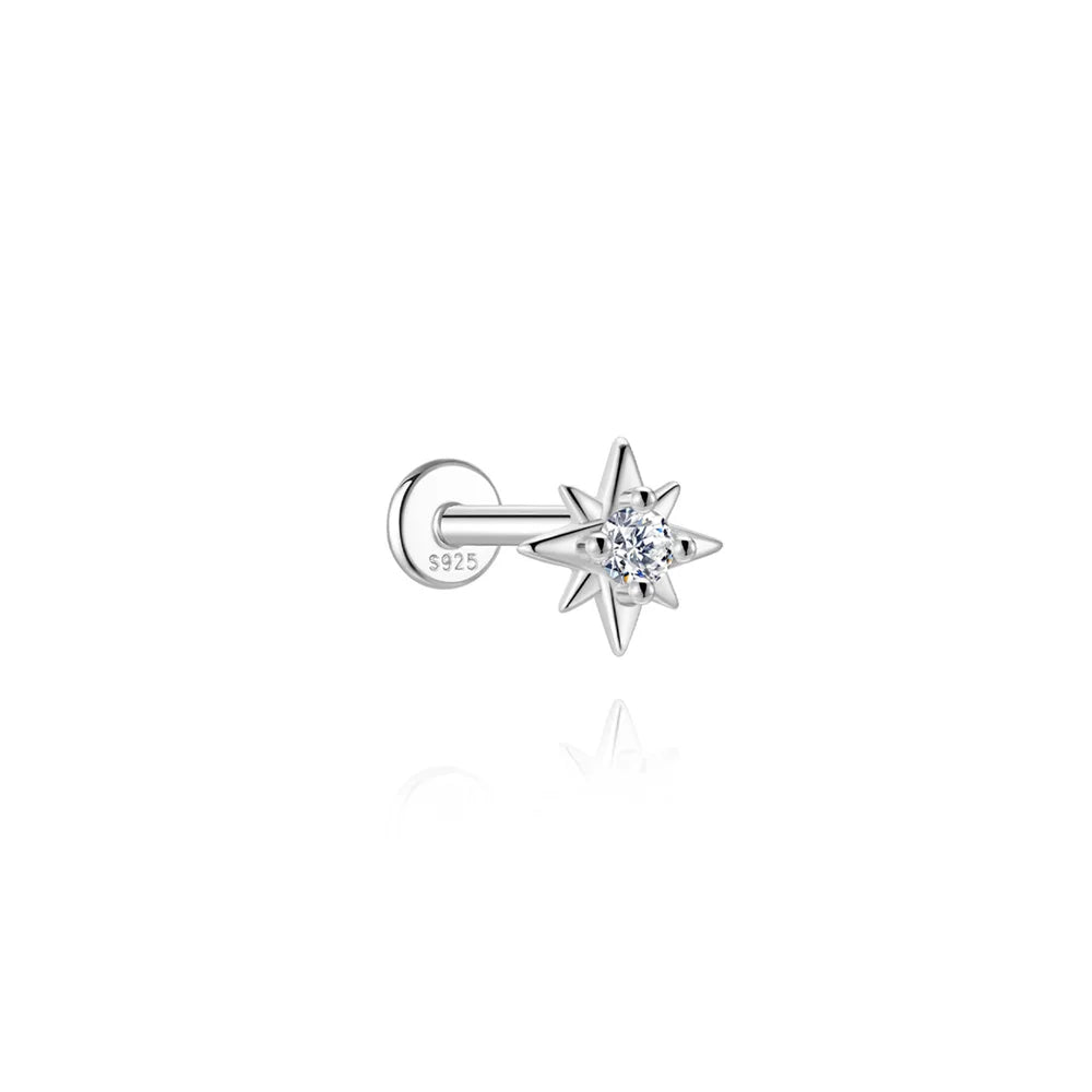 CANNER 1PC Moissanite Spherical Vertical Eight-pointed Star Piercing Earrings 925 Sterling Silver Jewelry Valentine's Day Gift