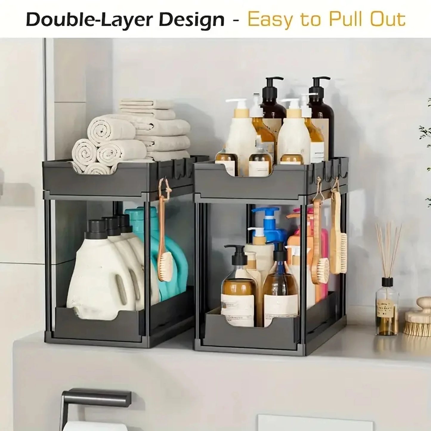 New 2 Tier Under Sink Organizer, Pull Out Sliding Rack, Multi-Function Shelf for Kitchen Bathroom,Space Saving Cabinet Organizer