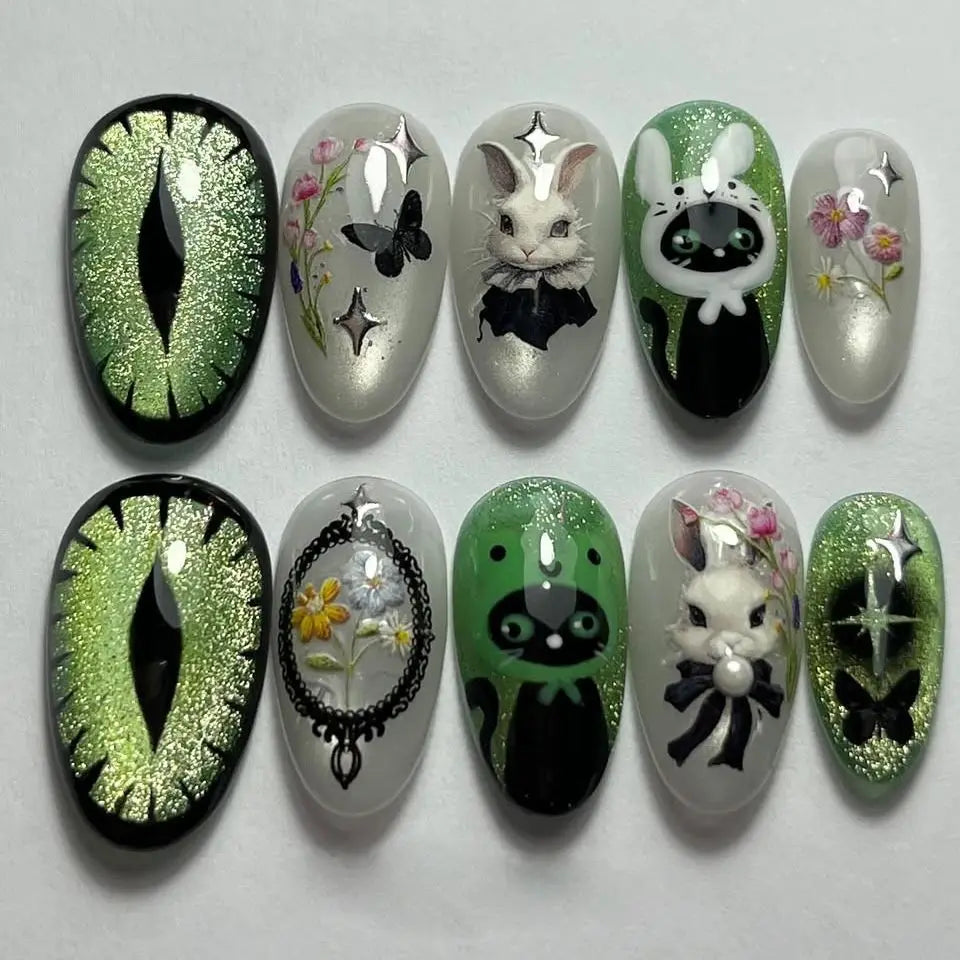 24PCS Medium Almond Press On Nails Wine Red Cute Cartoon Rabbit Bowknot Plaid Pearl False Nails Kawaii Nails Full Cover Wearable