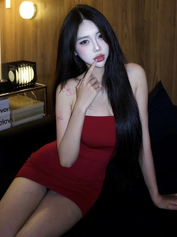 Weird Puss Valentine's Day Strapless Dress Women Backless Sexy Peach Hip Stretch Slim Simple Hottie Dating Mini Street Clubwear