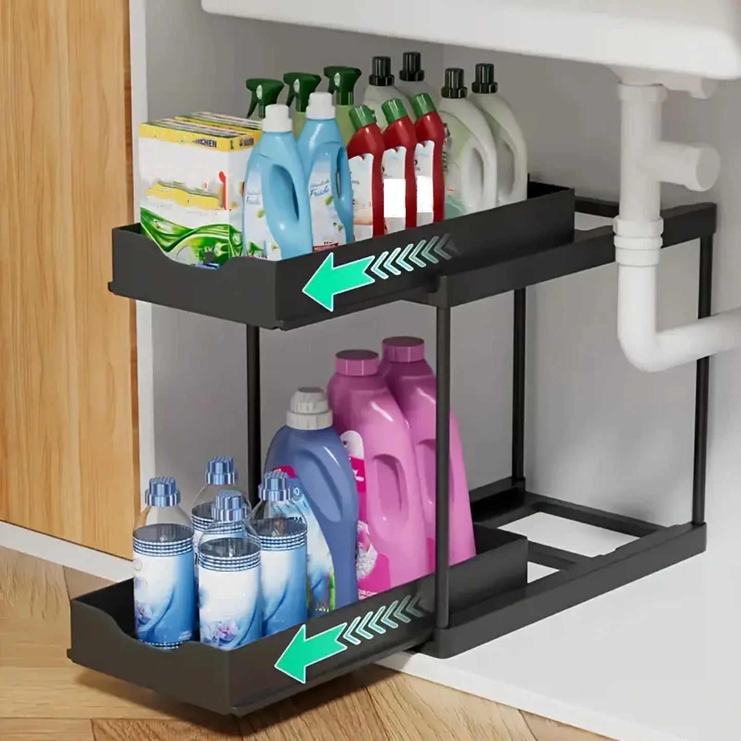 New 2 Tier Under Sink Organizer, Pull Out Sliding Rack, Multi-Function Shelf for Kitchen Bathroom,Space Saving Cabinet Organizer