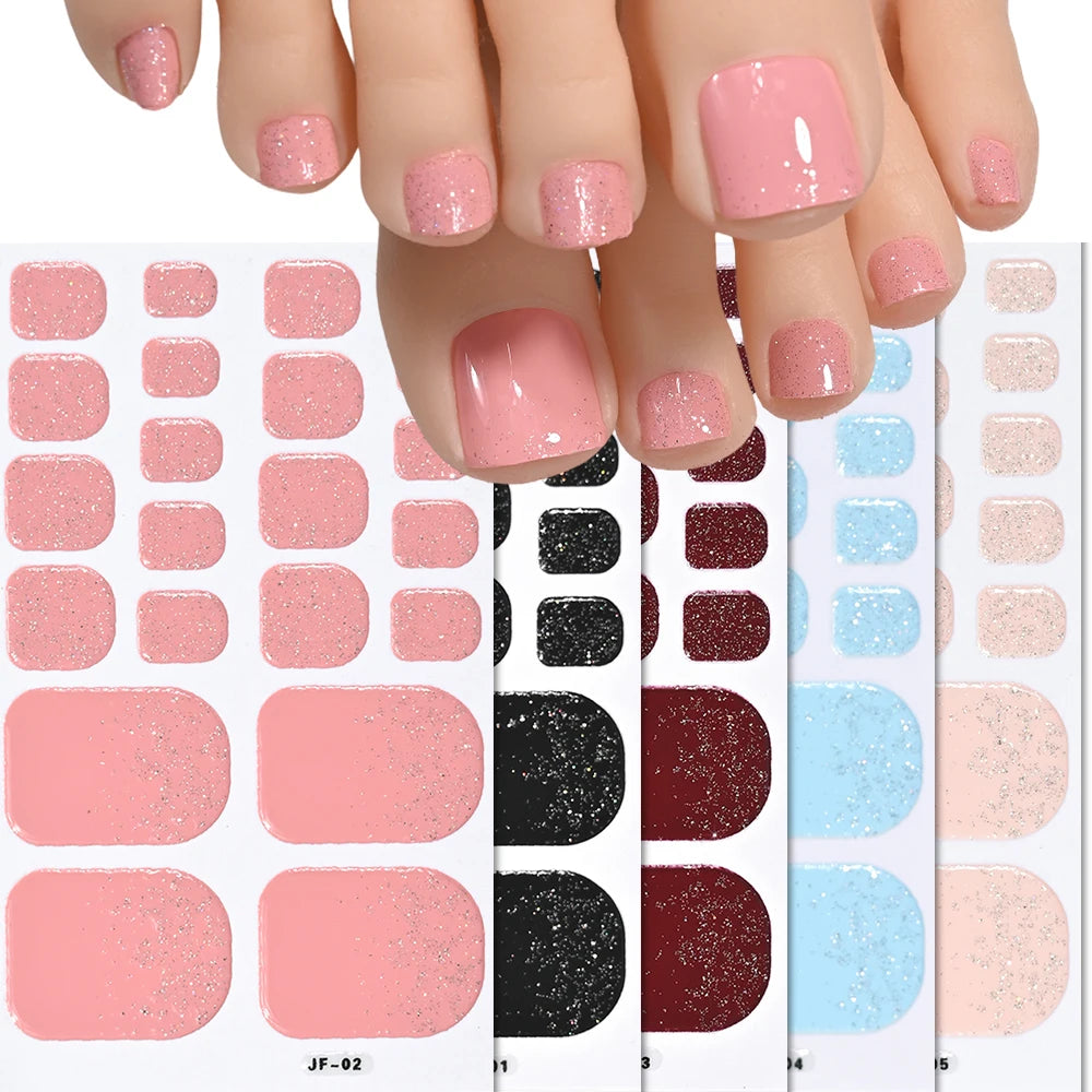 5Sheets/110Tips Summer Glitter Toe Nail Stickers Full Cover Nail Wraps Solid Color Adhesive Toenails Decals for Women DIY Foot &