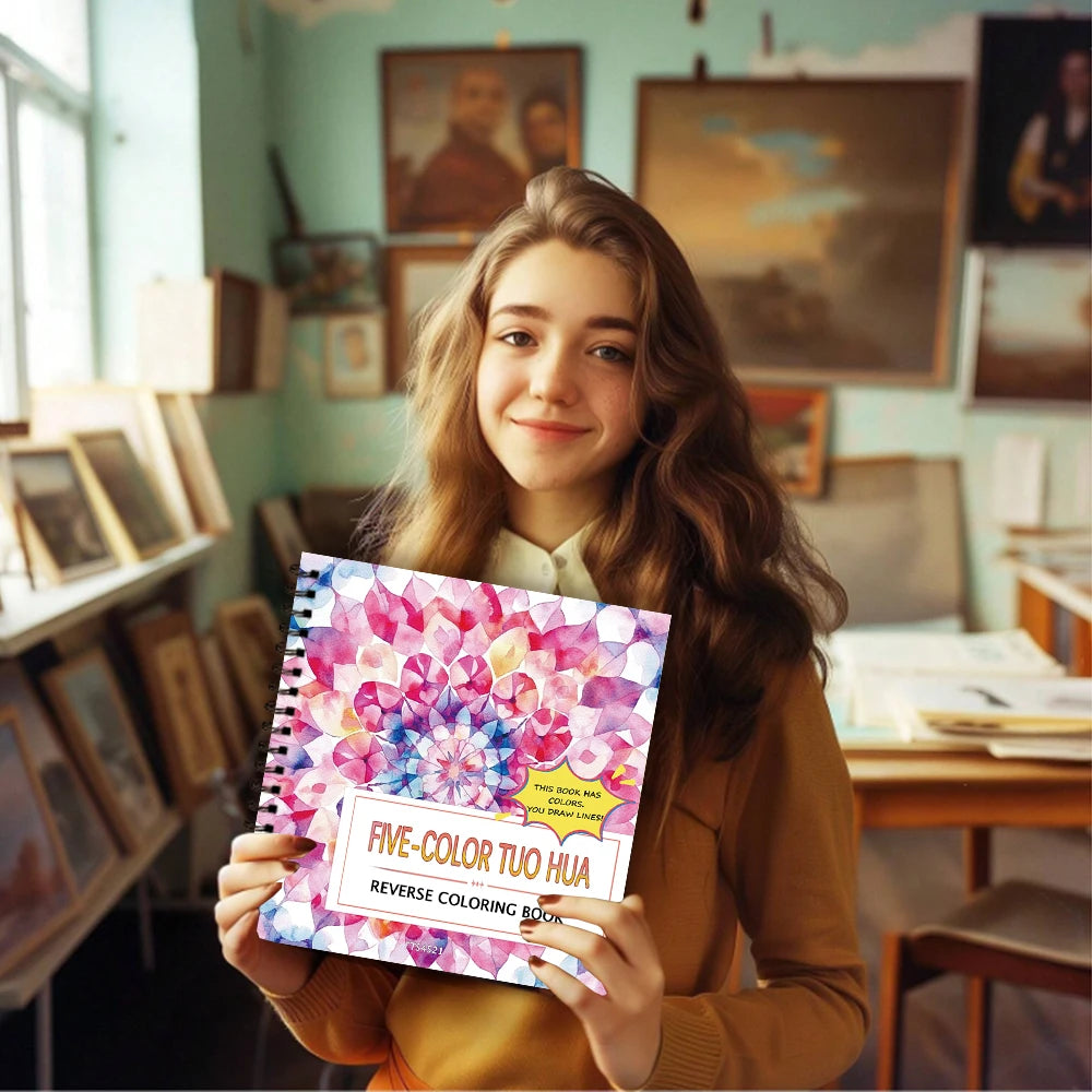 1pc Symmetrical Reverse Coloring Book,Five-Color Mandala 30 Sheets Thickened 100gsm,Relaxing Creative Line Activities,Ideal Gift