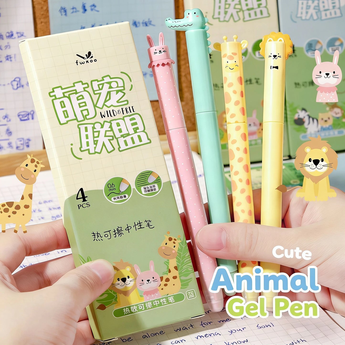 4Pcs Zoo Animal Theme Erasable Pens Blue Ink Gen Pen Quick-dry Smooth Writing Pen with Built-in Eraser Back-to-School Supplies