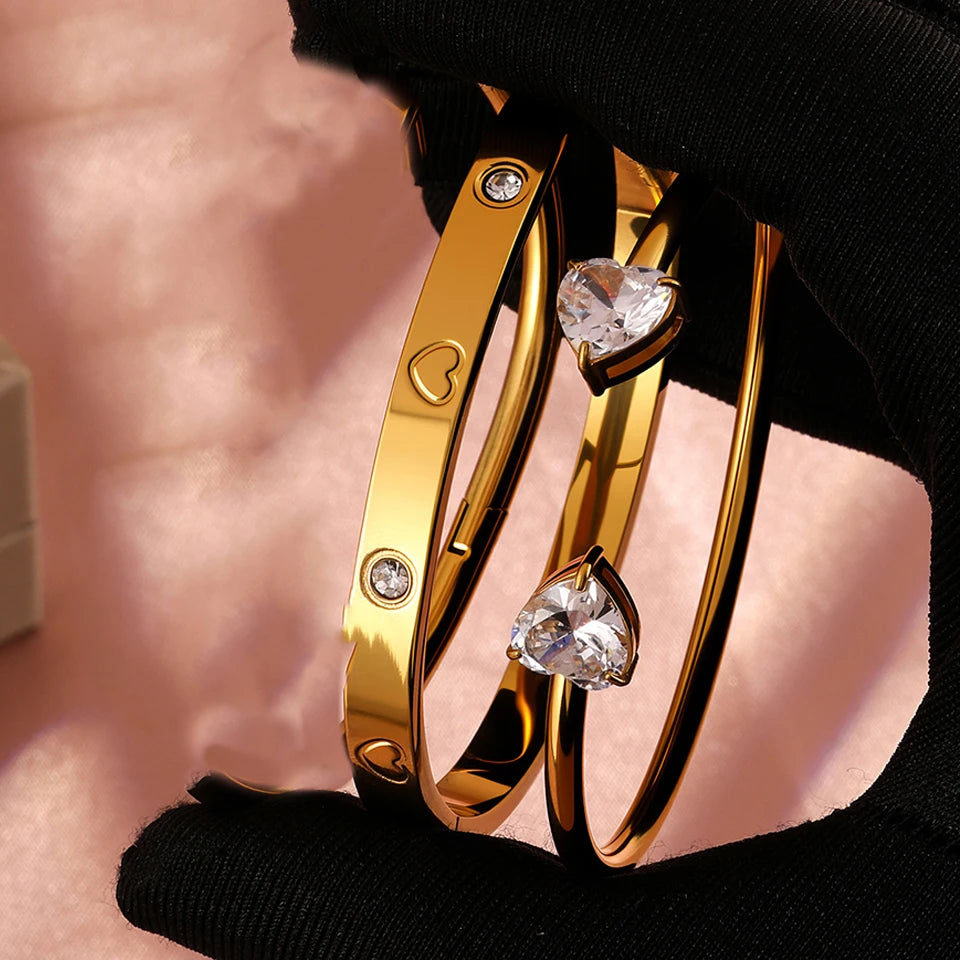 Yupsk 18K Gold Plated Stainless Steel Heart Shape Zirconia Open Bracelet for Women Sparkling Zircon Valentine's Day Gift