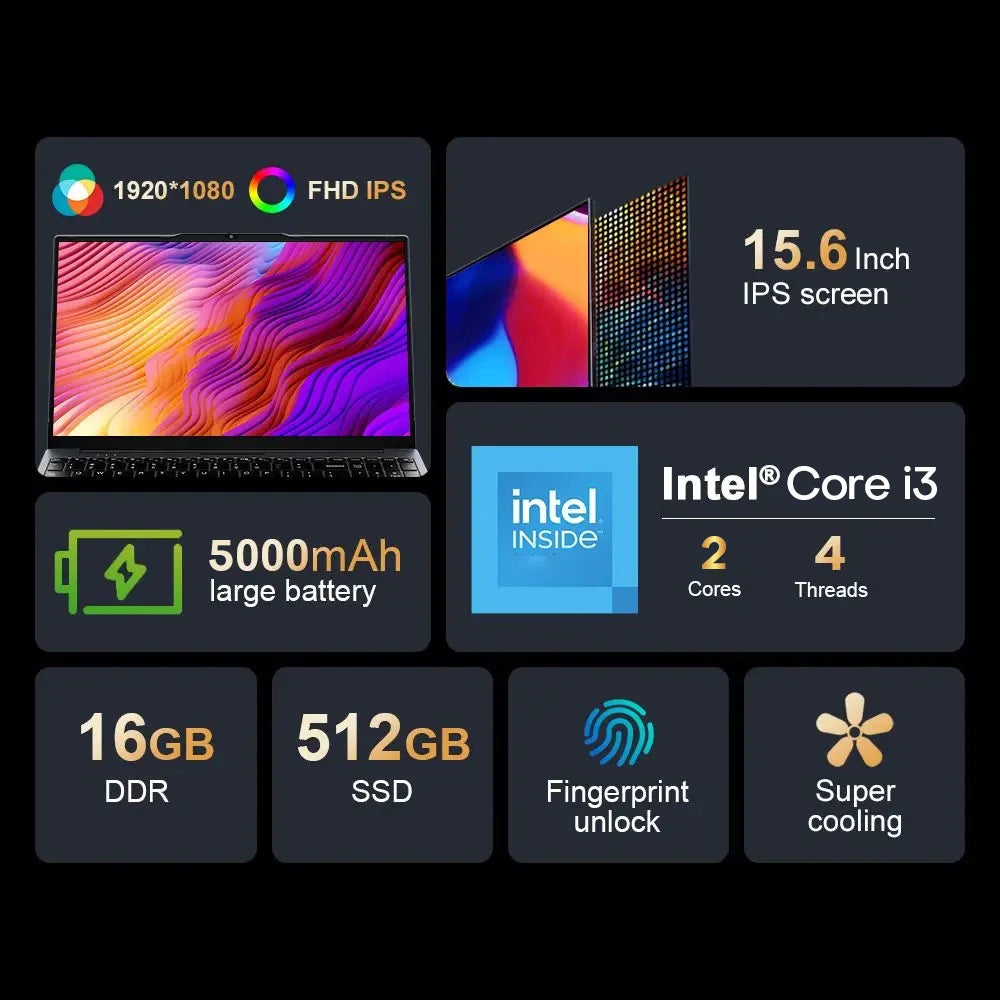 15.6" Intel Core i3 6100U Laptop Computer Windows 11 Pro 16GB RAM 512GB 1TB SSD Portable Notebook PC Office Study Laptops