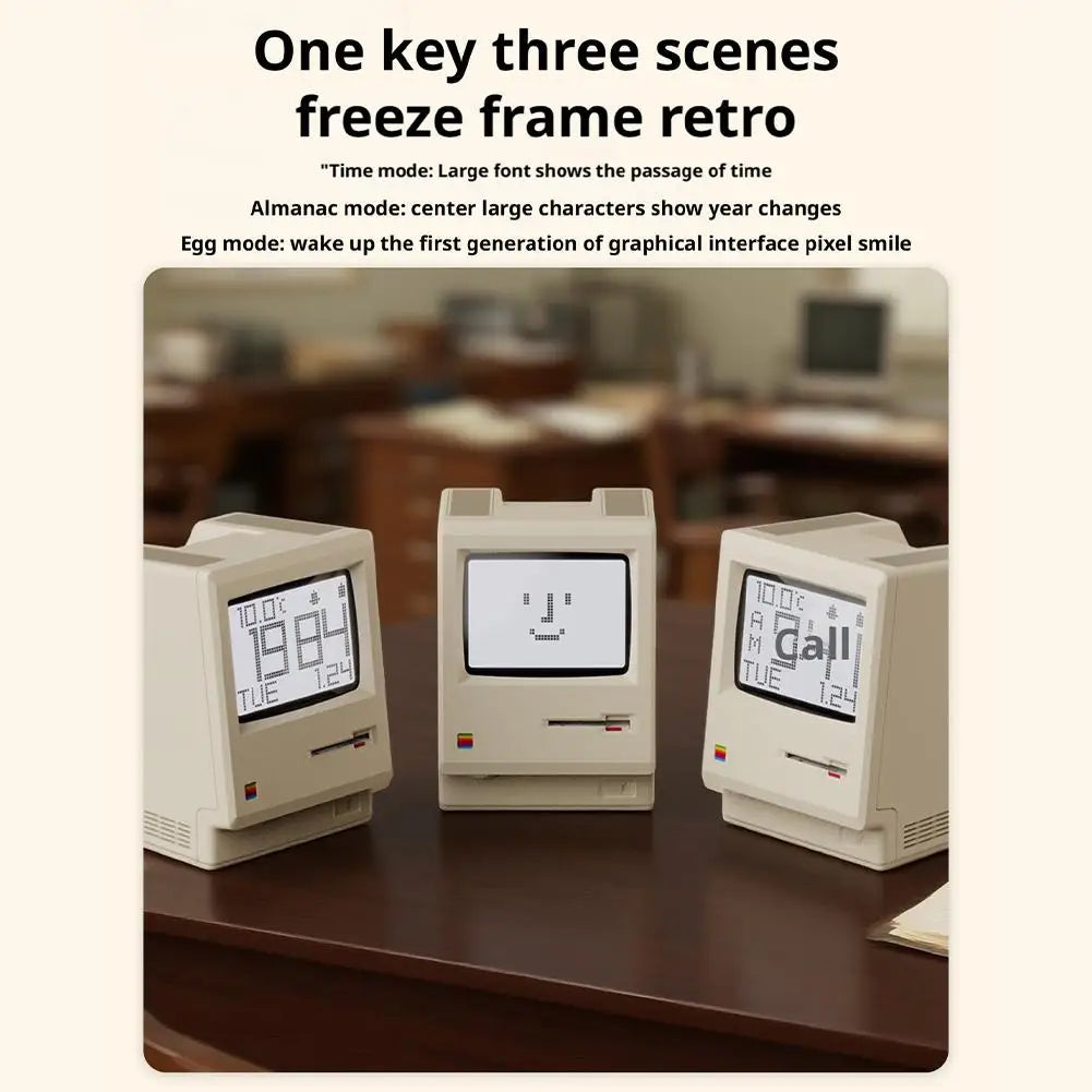 Retro Macintosh Shaped LCD Electronic Alarm Clock with Backlight Desktop Calendar Digital Thermometer Clock Snooze Table Clock