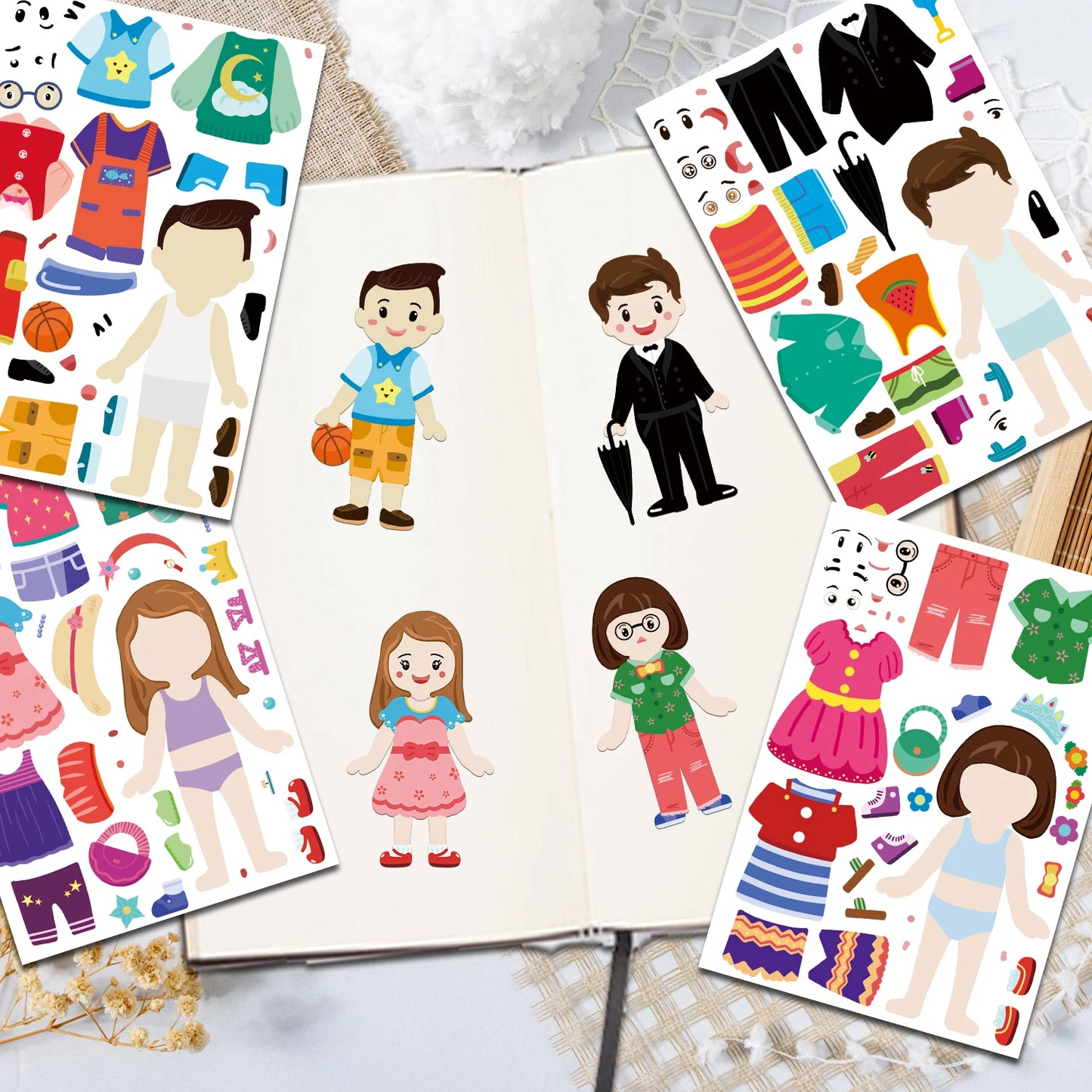 8PCS Cartoon Cute Children Dress Up Collage Scrapbook Collage Material Skateboard/Guitar/Stationery/Diary Waterproof Decorative