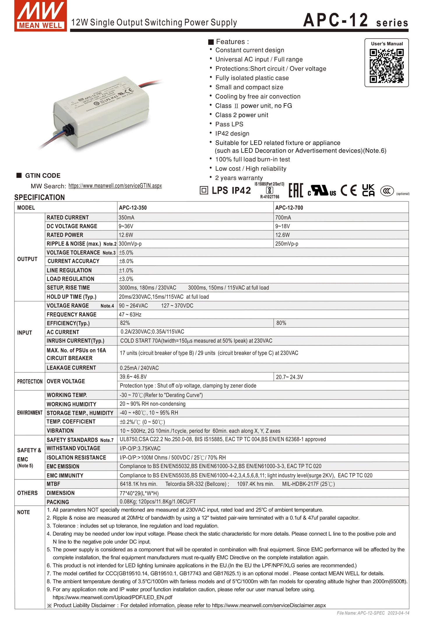 Mean Well APC-8/12/16/25/35-250/350/500/700/1050mA Meanwell Indoor LED lighting SMPS LED Constant Current Switching Power Supply