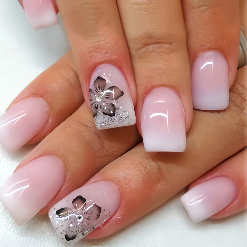 24Pcs Fairy White Flower Fake Nails Pink French Tip Press on Nails Short Square Wearable False Nail for Women Girls DIY Manicure