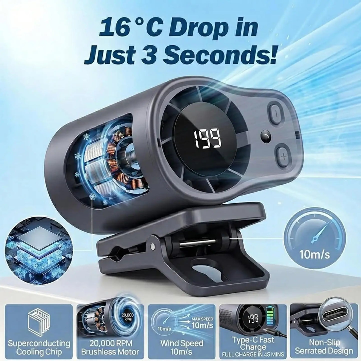 Travel Fan Clip On Low Noise LED Display Waist Clip Fan for Cycling Traveling Fishing Camping Beach Road Trip Jobsite Men Women