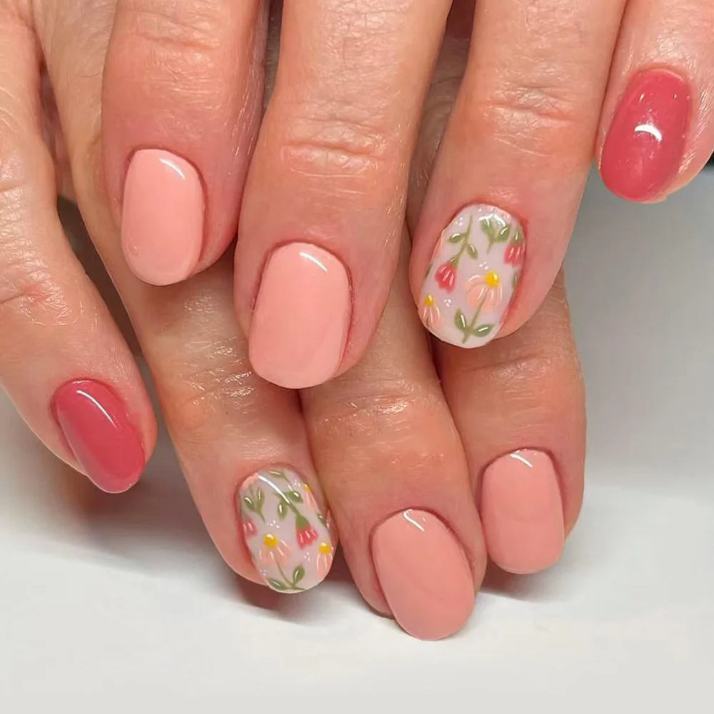 24Pcs Fairy White Flower Fake Nails Pink French Tip Press on Nails Short Square Wearable False Nail for Women Girls DIY Manicure