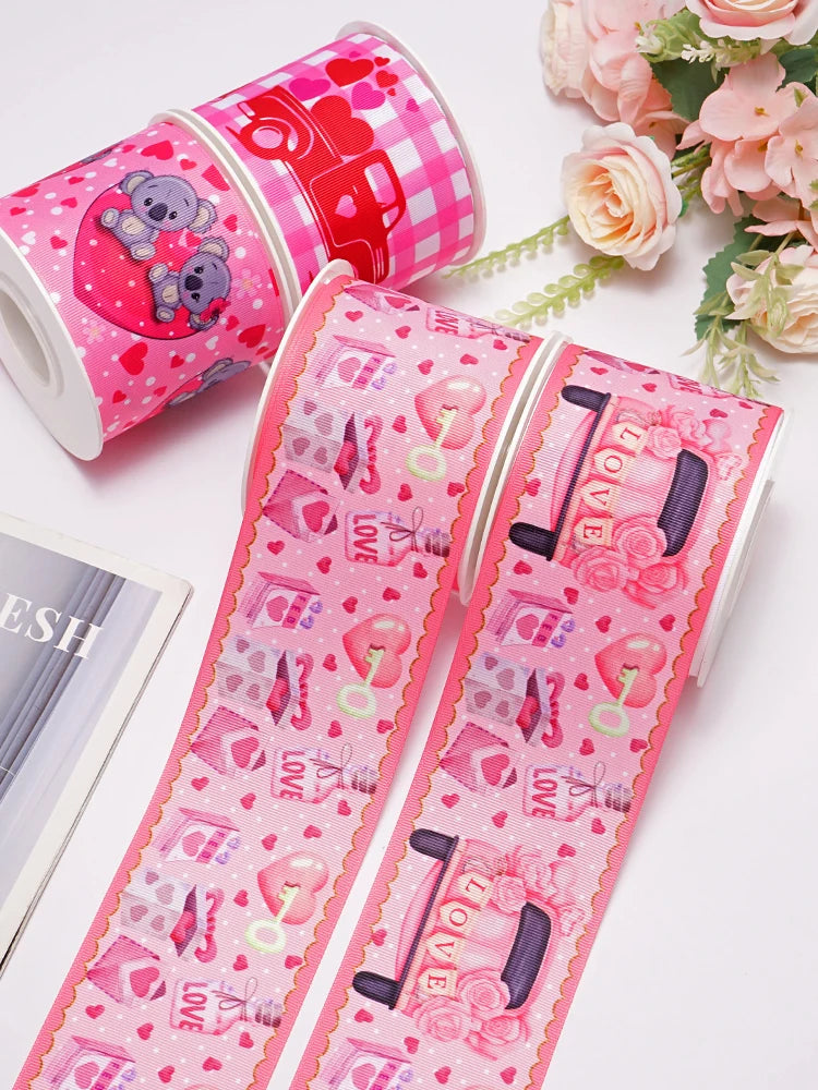 5 Yards 3inch 75mm of  Valentine's Day flowers  Printed Ribbon For Hair Bows DIY Crafts Handmade Accessories 76711