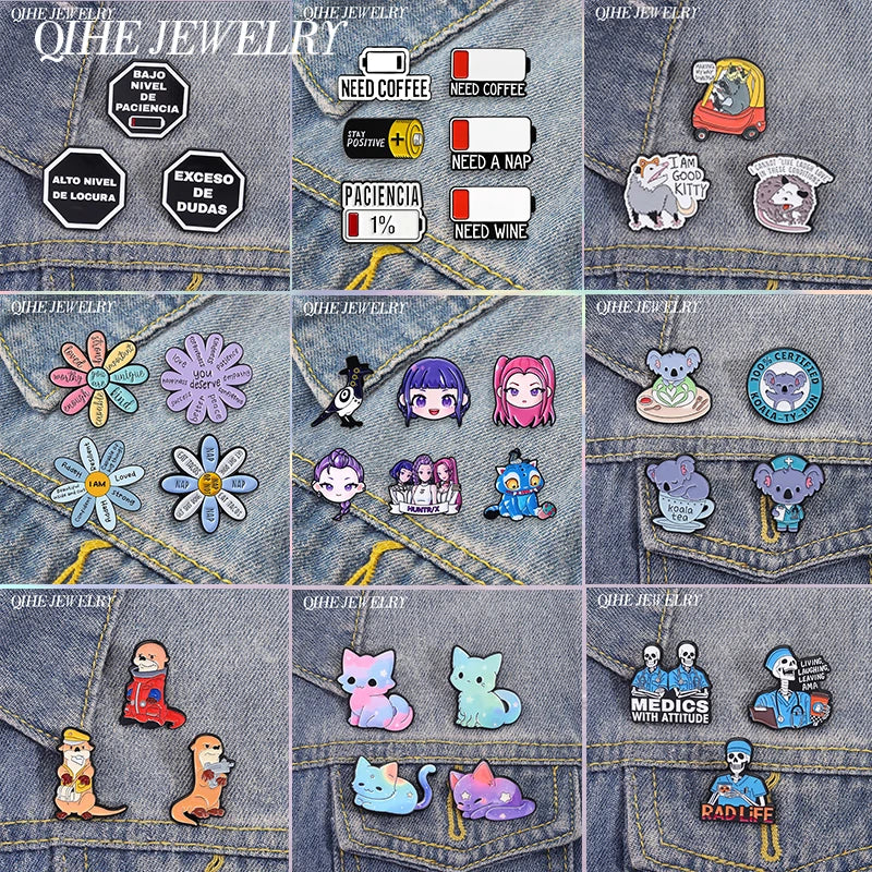 3-7pcs/sets Cartoon Anime Middle Finger Rude Cat Enamel Pins Low Battery Daisy Flower Brooches Backpack Lapel Badge Jewelry Gift