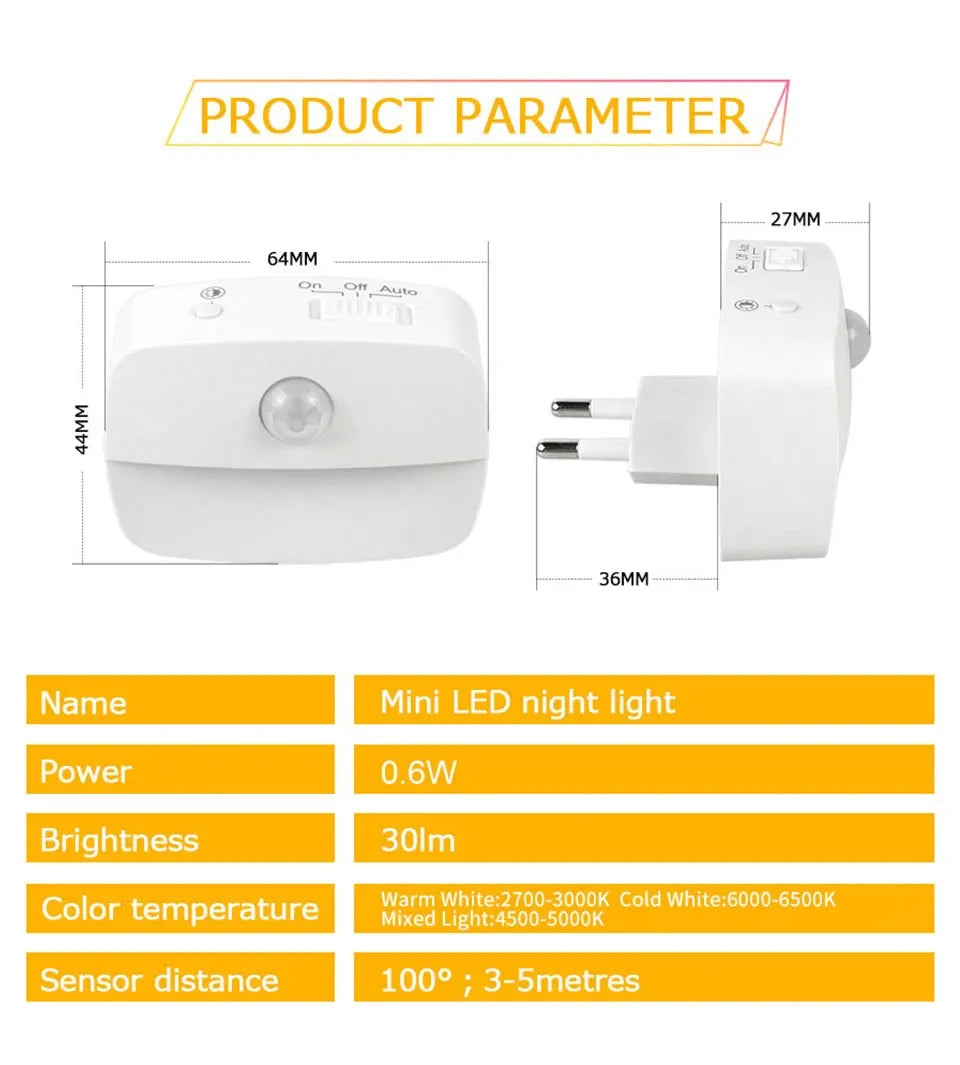 LED Night Light EU US Plug In Smart Motion Sensor Light 220V Wall Lamp For Home Aisle Hallway Stair Kitchen Bedroom Night Lamp