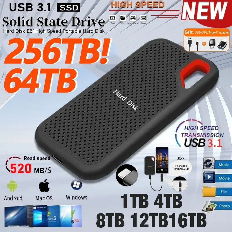 External Hard Drive 1TB Portable SSD High-speed Solid State Drive 128TB Large Capacity Hard Disk Storage Device for Laptops/Mac