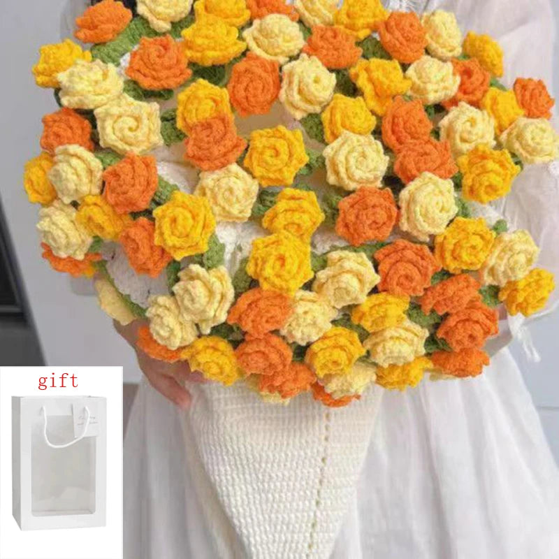 1pcs Rose Blanket Bouquet With Gift Bag Crochet Handmade Blanket of Roses Birthday Valentine's Day Gift for Girlfriend