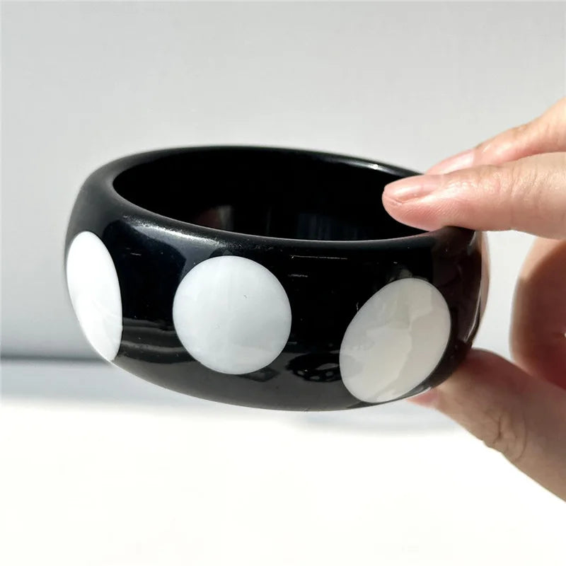 HangZhi Sweet Pink White Polka Dot Striped Geometric Round Resin Cuff Bracelet Y2K Bangle for Women Girls Minimalist Jewelry