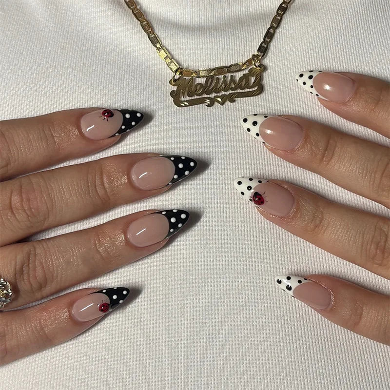 24PCS Medium Almond Press On Nails Wine Red Cute Cartoon Rabbit Bowknot Plaid Pearl False Nails Kawaii Nails Full Cover Wearable