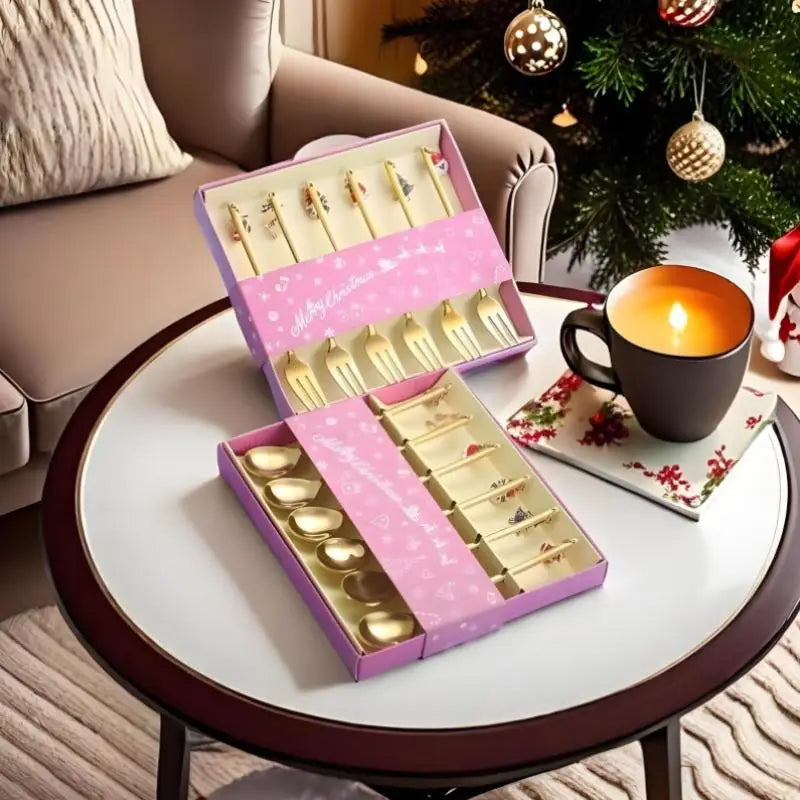 6PCS Christmas Spoons Coffee Cutlery Set Stainless Steel Cutlery Set Dessert Spoon Forks Christmas Gifts Elk Christmas Decoratio