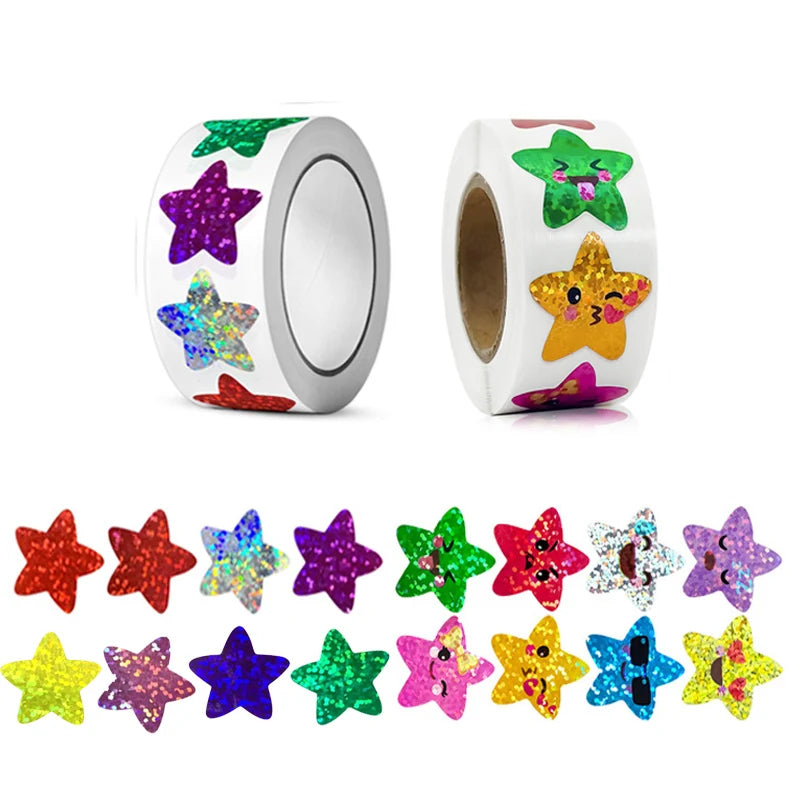 500/1000pcs Colorful Star Adhesive Holographic Star Stickers Zoo Farm Scrapbook Sticker Roll Labels  For Kids DIY Gift Toys