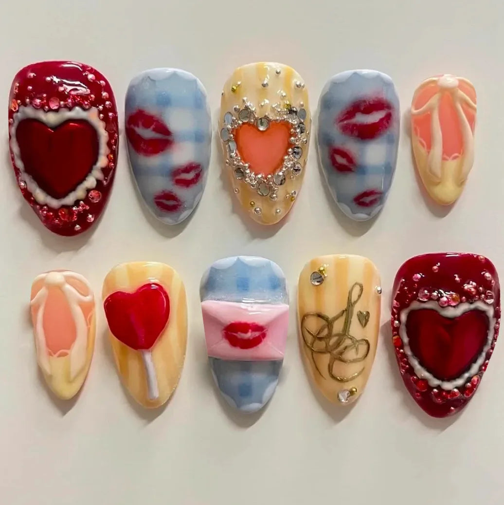 24PCS Medium Almond Press On Nails Wine Red Cute Cartoon Rabbit Bowknot Plaid Pearl False Nails Kawaii Nails Full Cover Wearable