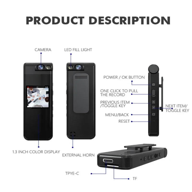 Mini Camera 1080P 2K HD Body Cam Portable Small Digital Video Recorder Police Night Vision Miniature Camcorder 1.3 Inch Bodycam