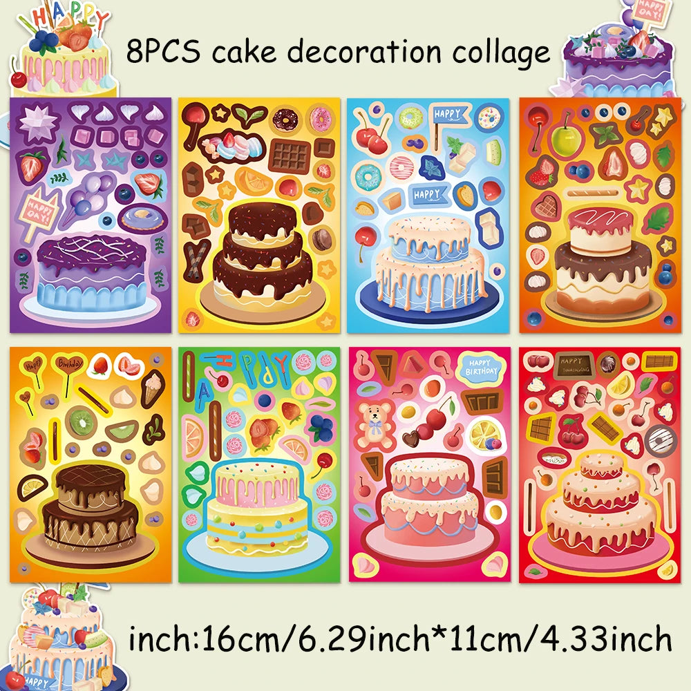 8PCS Creative New Cake Wishes Come True Puzzle Stickers Assembly Puzzle DIY Cartoon Stickers Puzzle 2026 Stationery Food Sticker