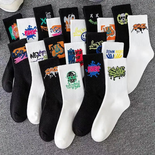 Couple long socks, sports cotton socks, ins student basketball socks, breathable and odor-resistant, black and white men's mid-c