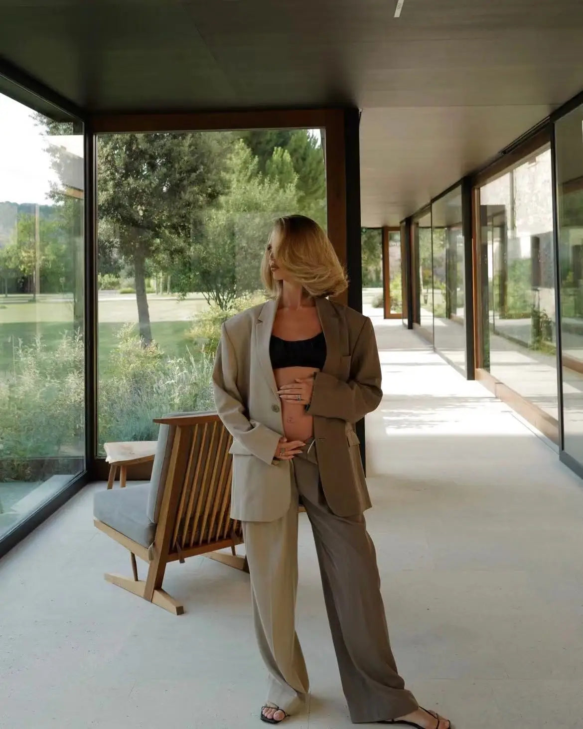 Women's Autumn Winter Color Blocked Loose Two Piece Set Casual Single Breasted Long Sleeved Lapel Coat+Straight Pants Suit Women