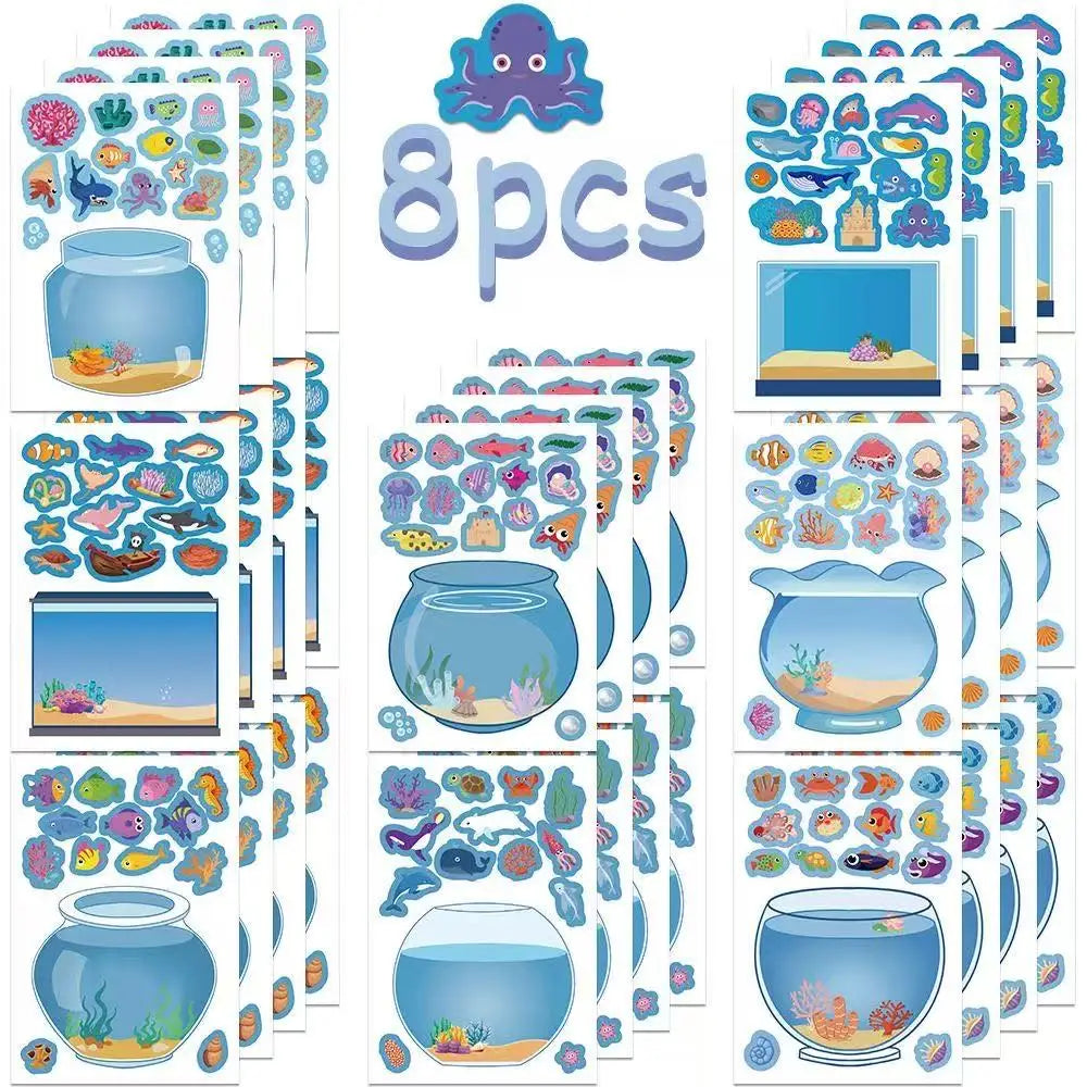 8PCS Lucky Fish Tank Puzzle Sticker Handmade DIY Notebook Desktop Creative Decoration Waterproof