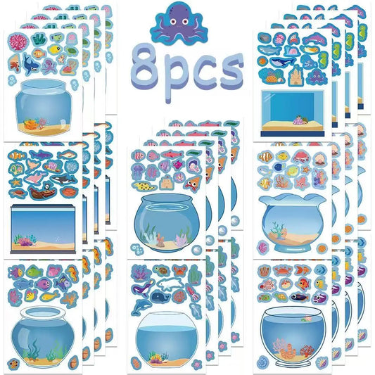 8PCS Lucky Fish Tank Puzzle Sticker Handmade DIY Notebook Desktop Creative Decoration Waterproof