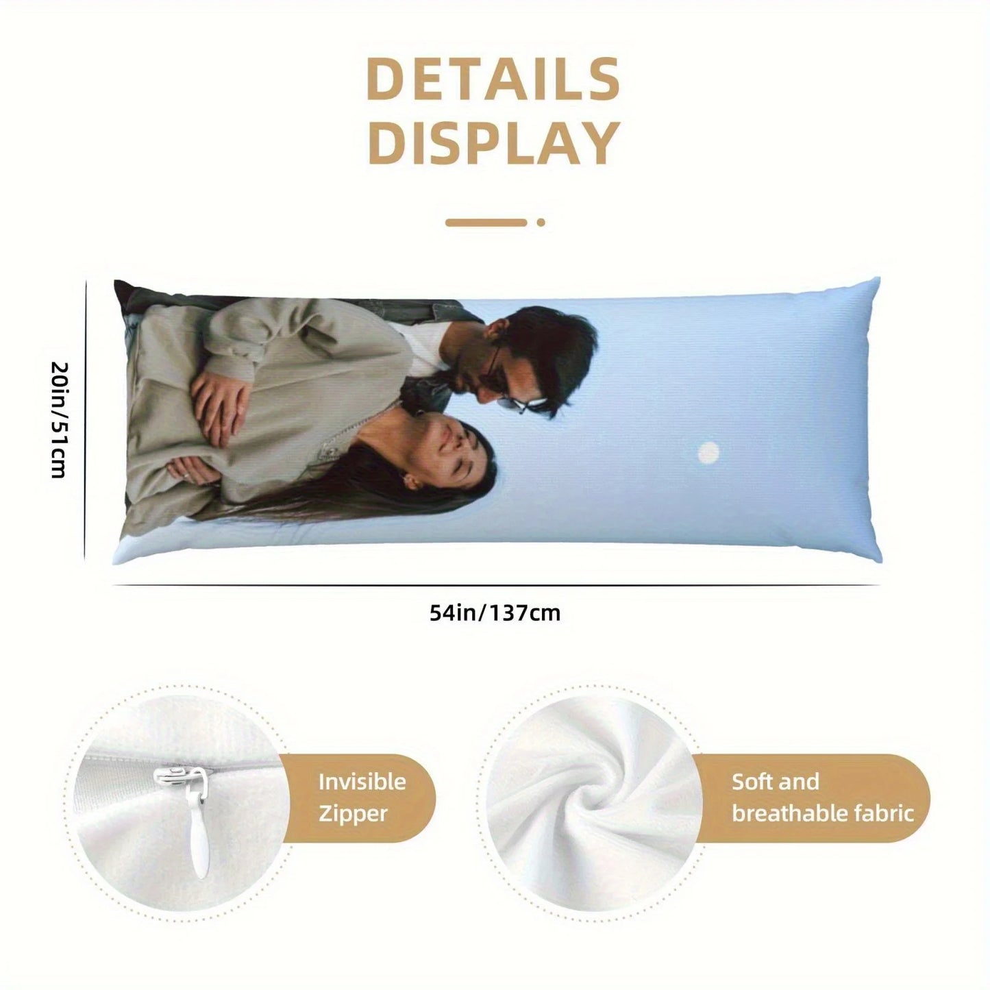 Customize 1 photo pillow cover, personalized 50.8x137.16cm, made of polyester material, modern style, printed zipper design, was