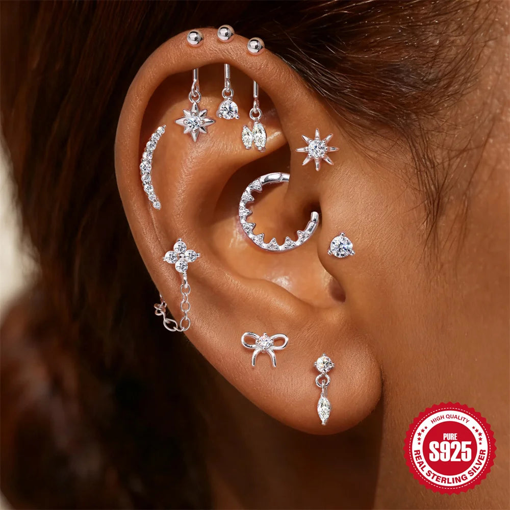 CANNER 1PC Moissanite Spherical Vertical Eight-pointed Star Piercing Earrings 925 Sterling Silver Jewelry Valentine's Day Gift