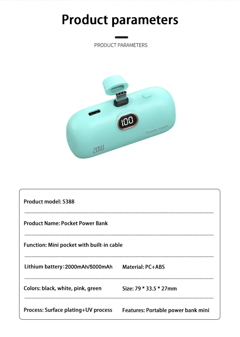 Portable Mobile Charger Mini Power Bank Built Cable Fast Charger Battery Capsule Power bank 10000/5000mAh For iPhone Type-C