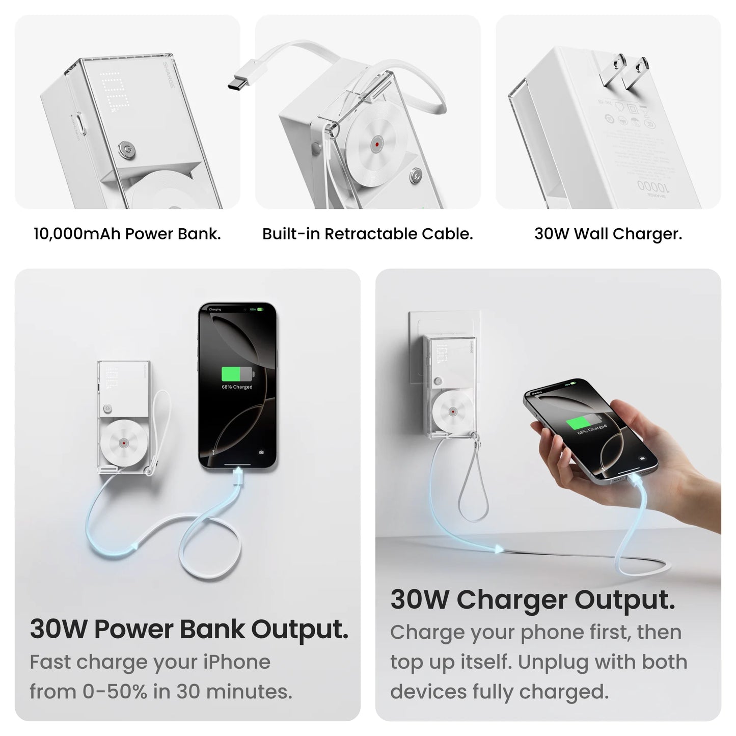 SHARGE 3-in-1 Portable Power Bank 30W USB-C Charger with USB-C Cable 10,000mAh AC Plug Max Battery Pack for iPhone 16/15 Galaxy