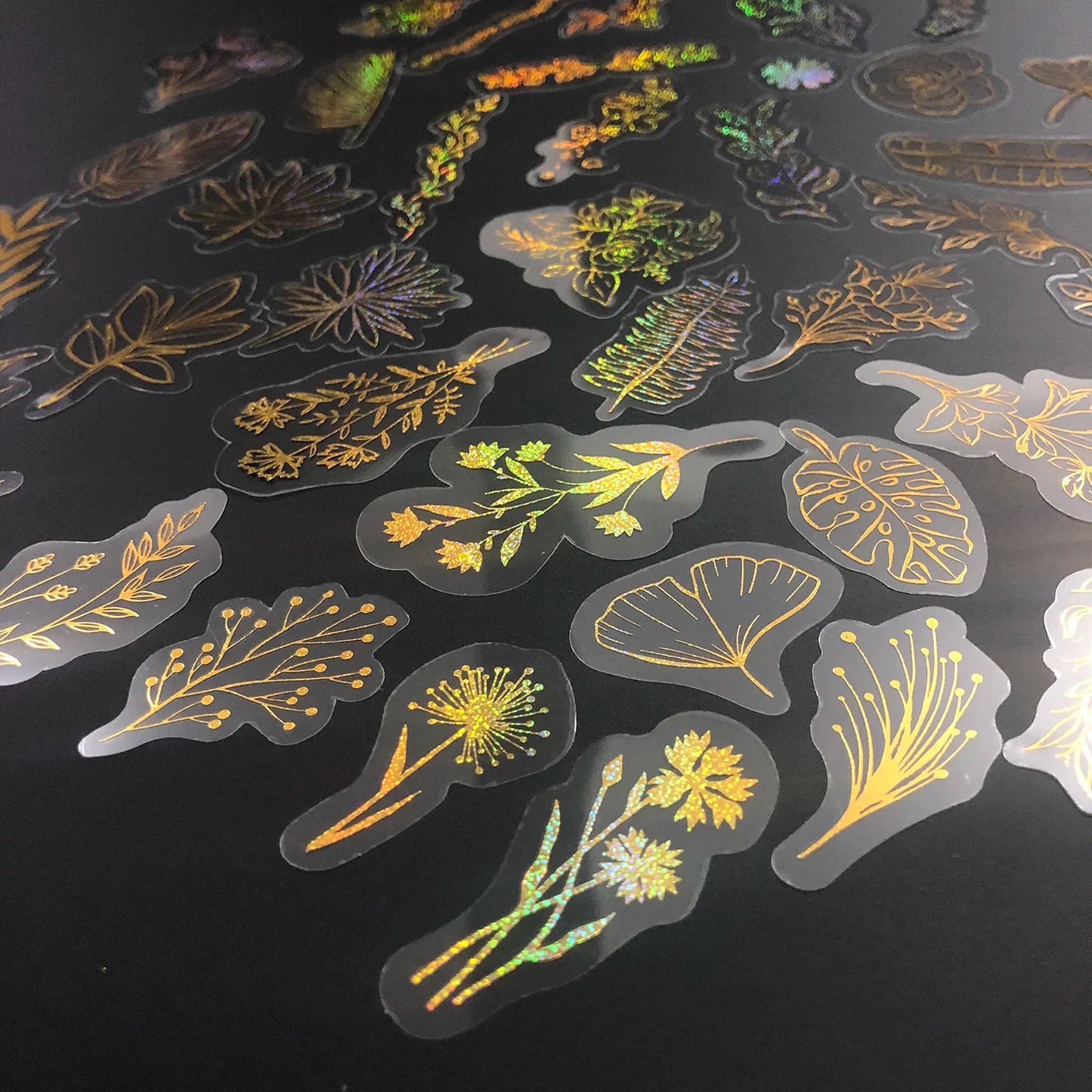 80 Pcs Glitter Gold Stickers Plant Flower,Waterproof Transparent Decorative Decals, PET Adhesive Sticker Label