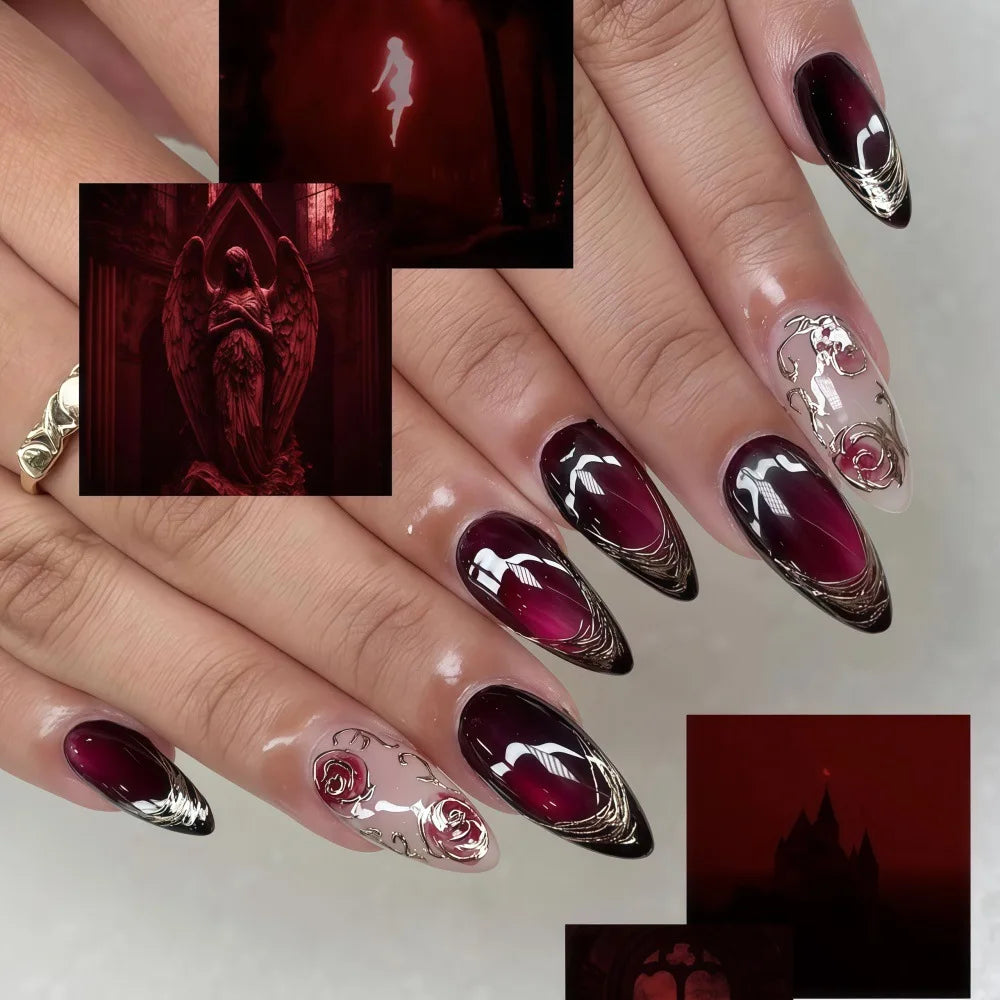 24PCS Medium Almond Press On Nails Wine Red Cute Cartoon Rabbit Bowknot Plaid Pearl False Nails Kawaii Nails Full Cover Wearable