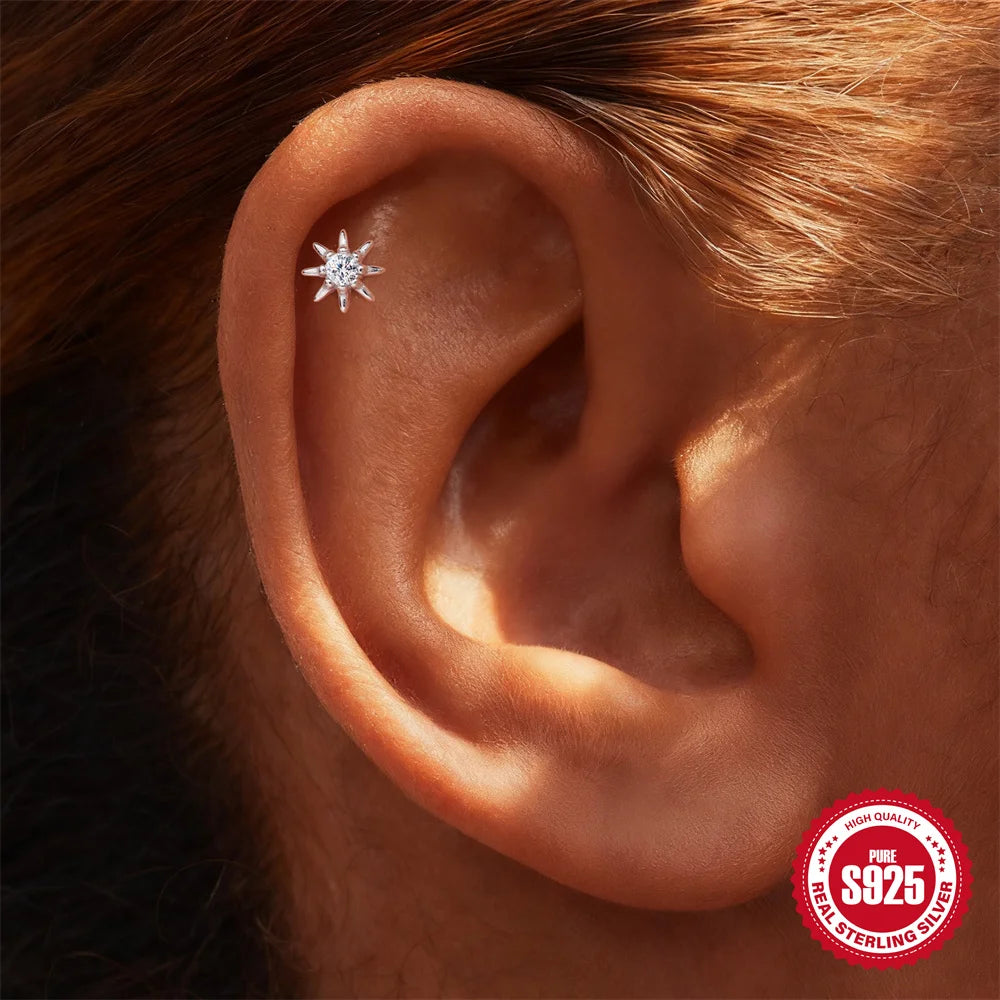 CANNER 1PC Moissanite Spherical Vertical Eight-pointed Star Piercing Earrings 925 Sterling Silver Jewelry Valentine's Day Gift