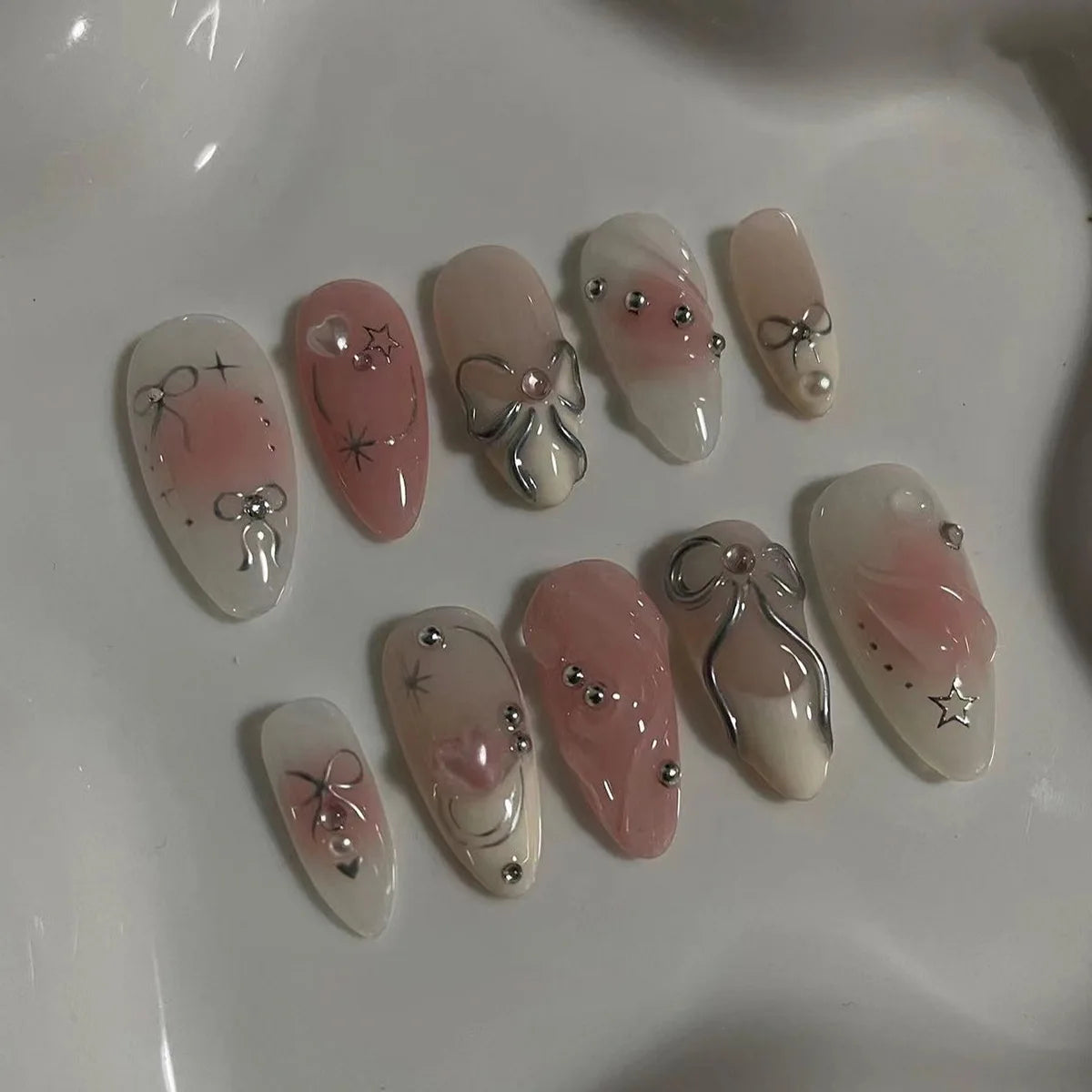 24PCS Medium Almond Press On Nails Wine Red Cute Cartoon Rabbit Bowknot Plaid Pearl False Nails Kawaii Nails Full Cover Wearable